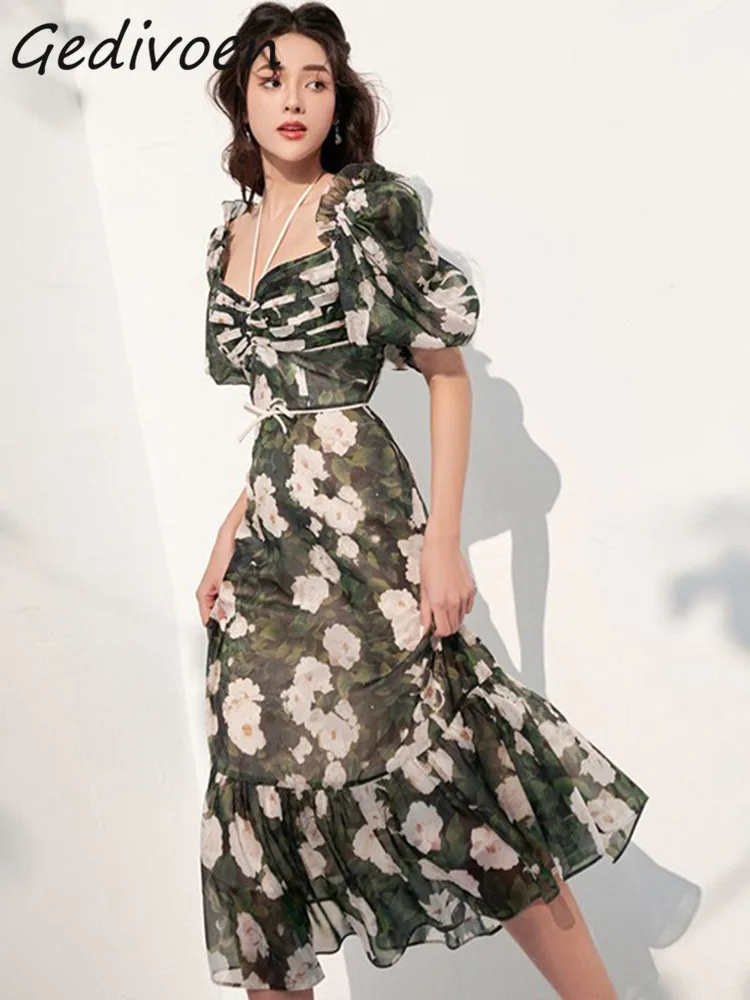 

Gedivoen Autumn Fashion Designer Floral Print Vintage Dress Women's Square Collar Backless Bow Ruffle High Waist Slim Long Dress