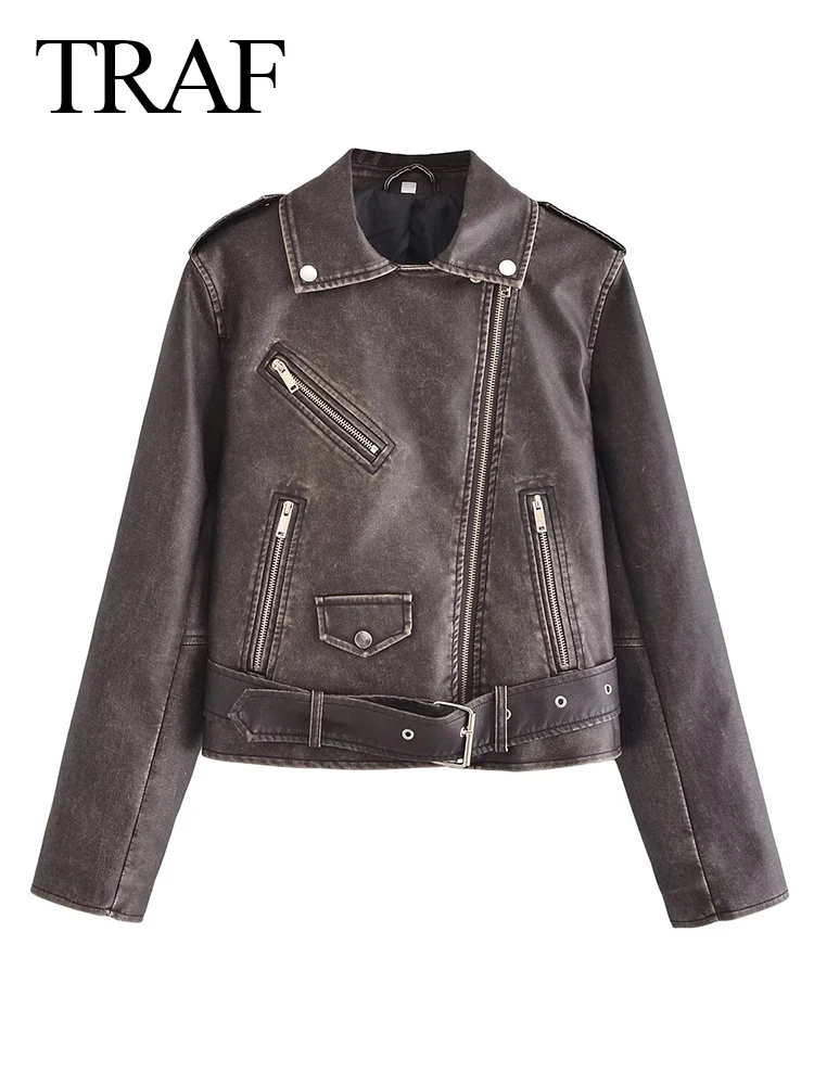 

TRAF 2023 Female Fashion Vintage Solid Color Long Sleeve Jacket Tops Stitching Zipper Pocket Lapel Decorate Elegant Slim Jacket