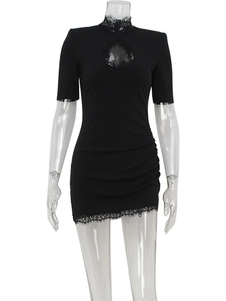 Ahagaga Sexy Sheath Women's Mini Dresses Solid Lace Turtleneck Slim Fit Bodycon Hollow Out Half Sleeves Streetwear Vestidos Robe 5