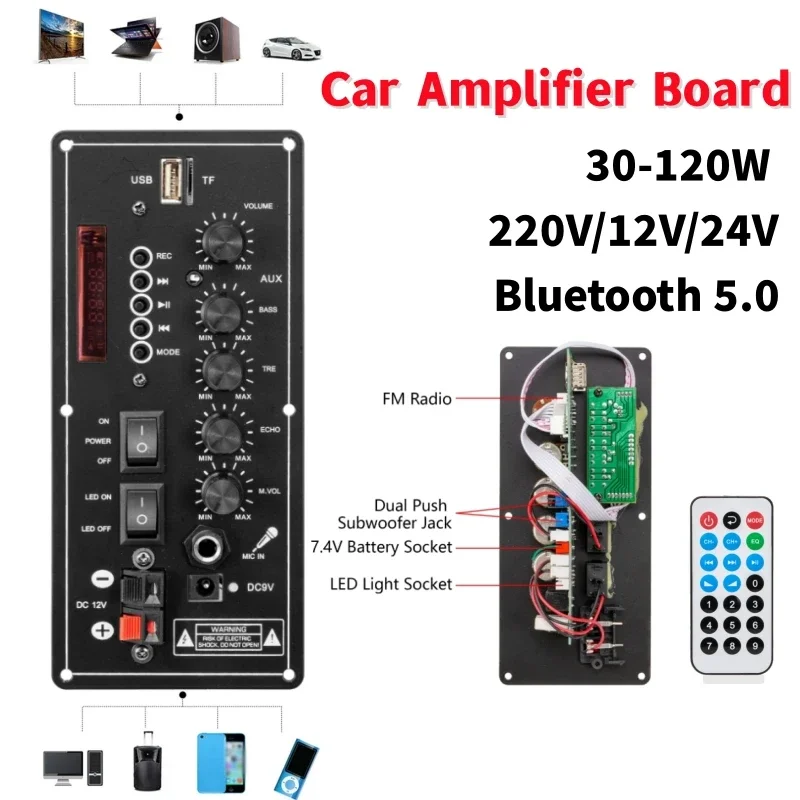 30W-120W Power Amplifier Board USB Dac FM Radio TF Player Subwoofer Amplificador 7.4V Lithium Battery Audio Power Boards amplifier board