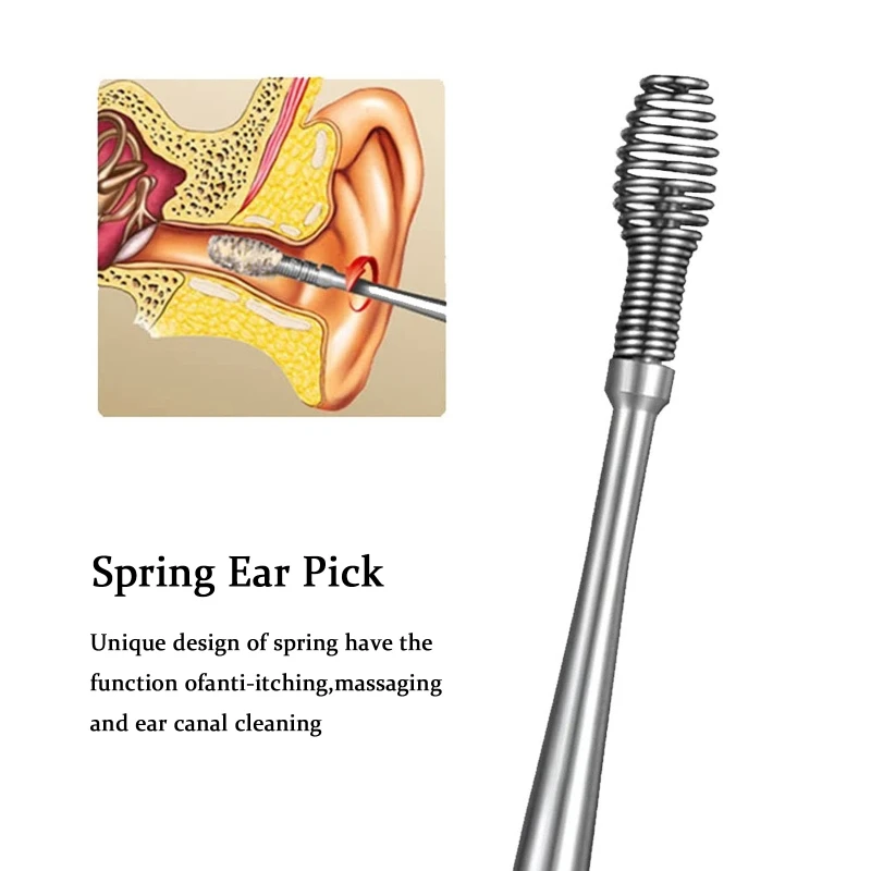 2PCS Stainless Steel Ear Pick Curette Earwax Remover Spiral Spring