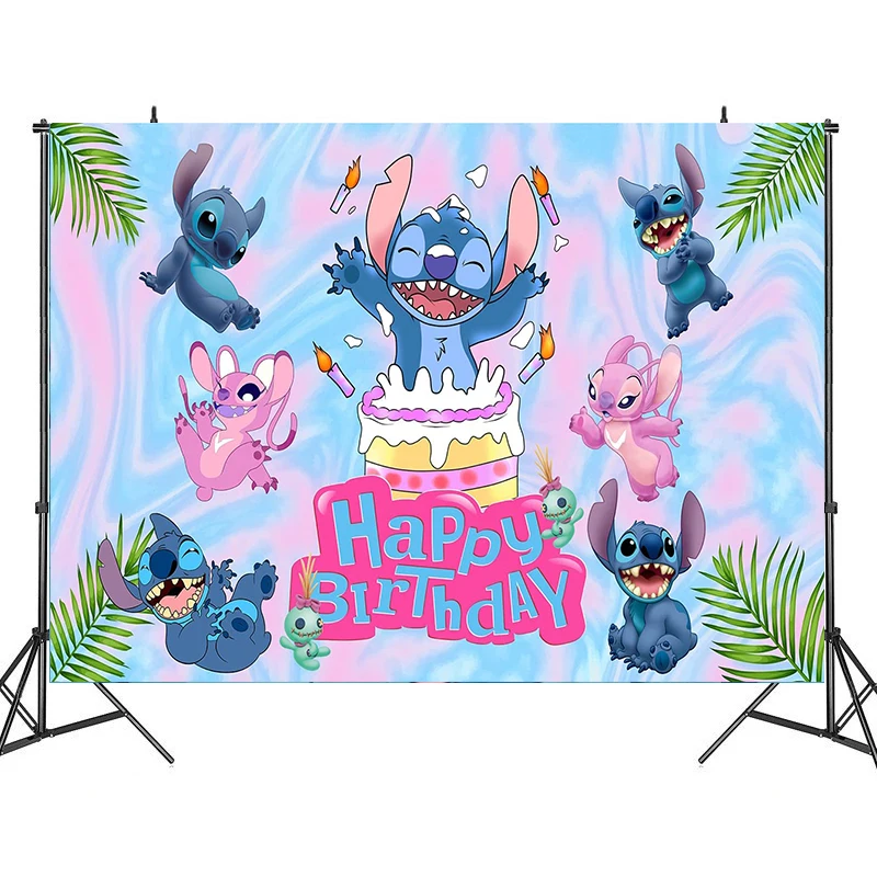 thumbnail image 1 of Fondo de ángel de Lilo y Stitch de Disney, decoraciones personalizables para fiestas de feliz cumpleaños, suministros para fiestas de baby shower, 1 of 5