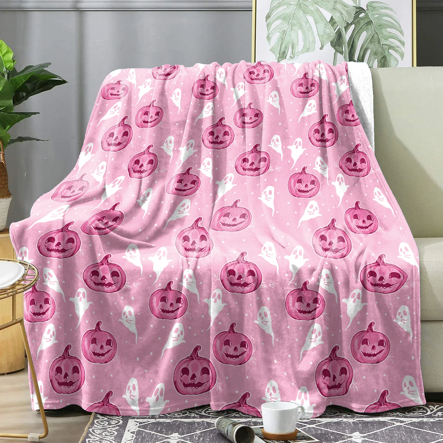 

Pink Pumpkin Print Halloween Fannel Blanket Winter Warm Soft Comfor Bedding Decor Home Throw Blankets Cute Bedsqreads 150X200Cm