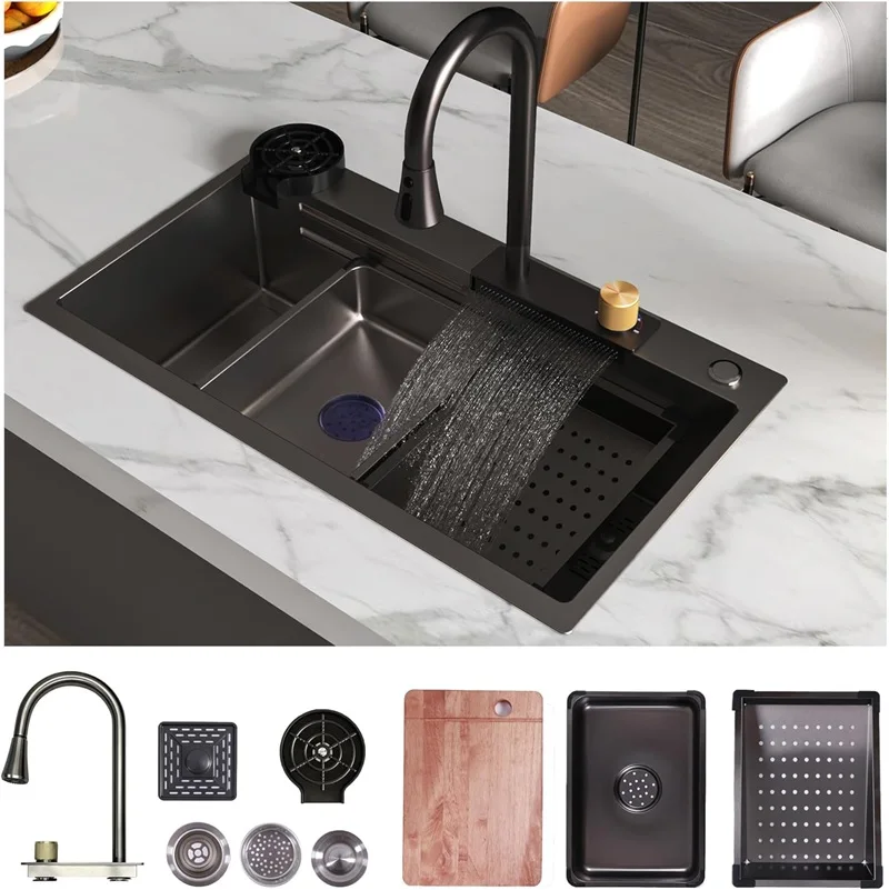 Multifunction Kitchen Sinks 304 Stainless Steel Kitchen Sink Faucet Modern Black Waterfall Rainfall Single Bowl Kitchen Sink Set 3
