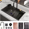 Multifunction Kitchen Sinks 304 Stainless Steel Kitchen Sink Faucet Modern Black Waterfall Rainfall Single Bowl Kitchen Sink Set 3