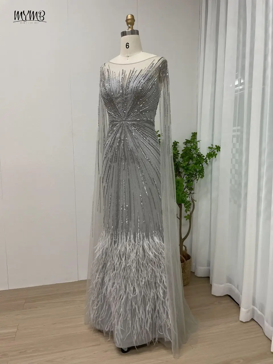 MYMB Grau Exklusive Meerjungfrau Cape Ärmel Hochzeit Party Kleider für Frauen Arabisch Luxus Federn Perlen Abend Ballkleid MB40099 – Detail 10