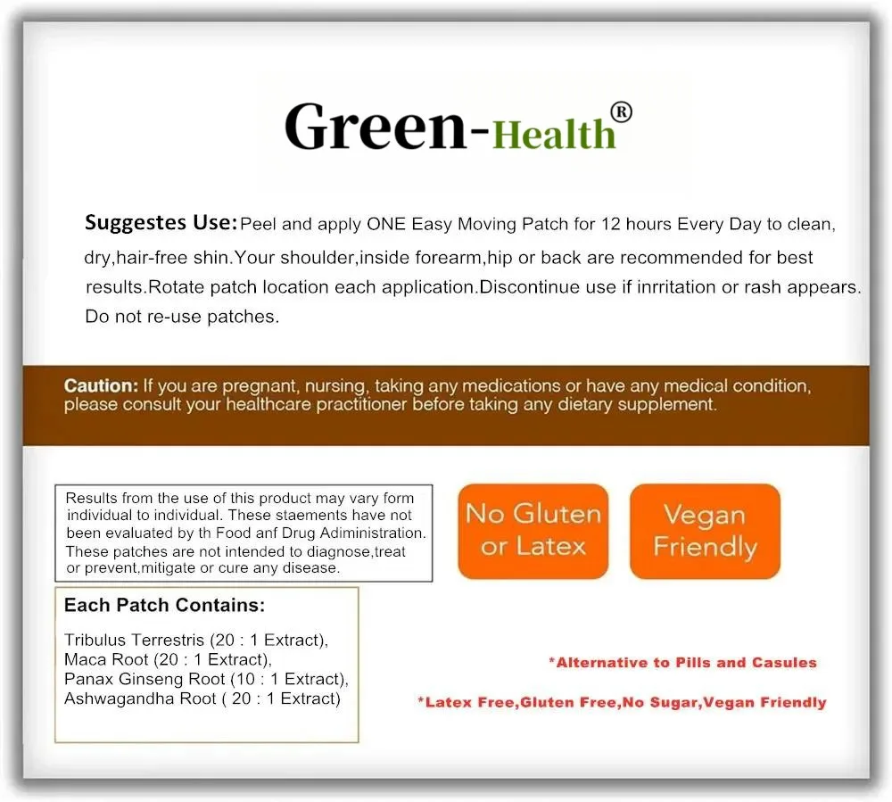 Tribulus Terrestris Transdermal Patches Combined With Ashwagandha Panax Ginseng Boost Energy Mood Stamina 30 Patches