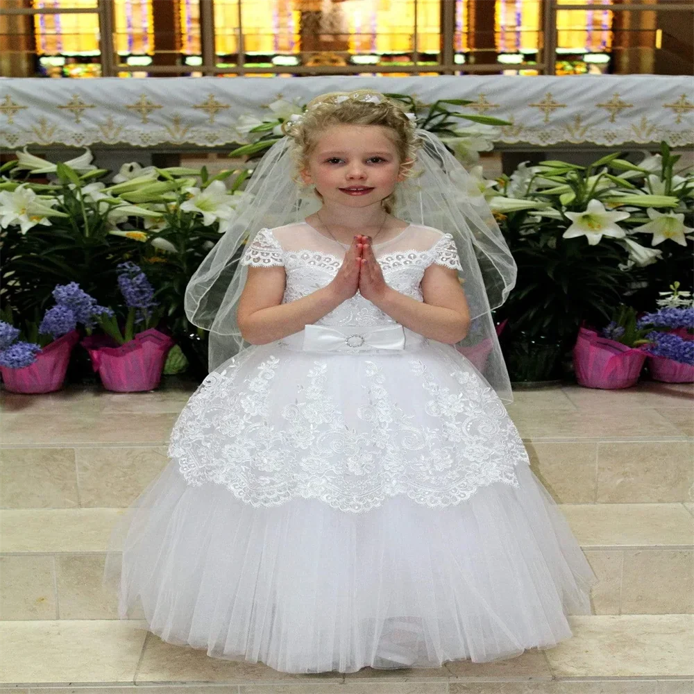 

Cute White Flower Girl Dress Applique For Wedding Beaded Tulle Child First Eucharistic Birthday Party Dresses