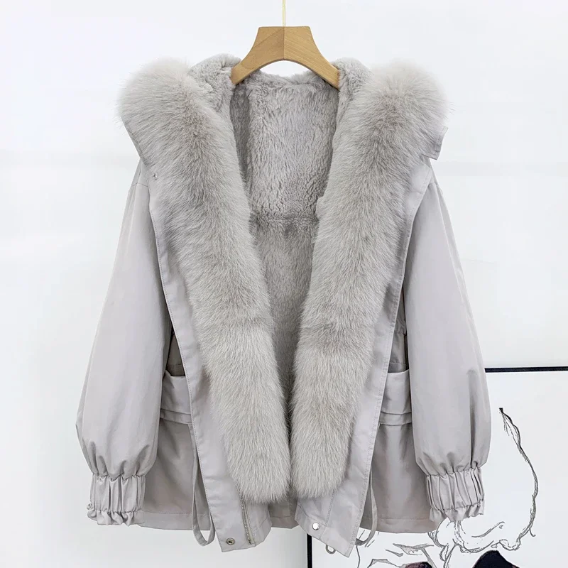 Winter Coat Women Fox Fur Collar Fur Coats And Jackets Women\'s Fur Coat Mid-Length Removable Rex Rabbit Liner Fur Jacket Zm1164