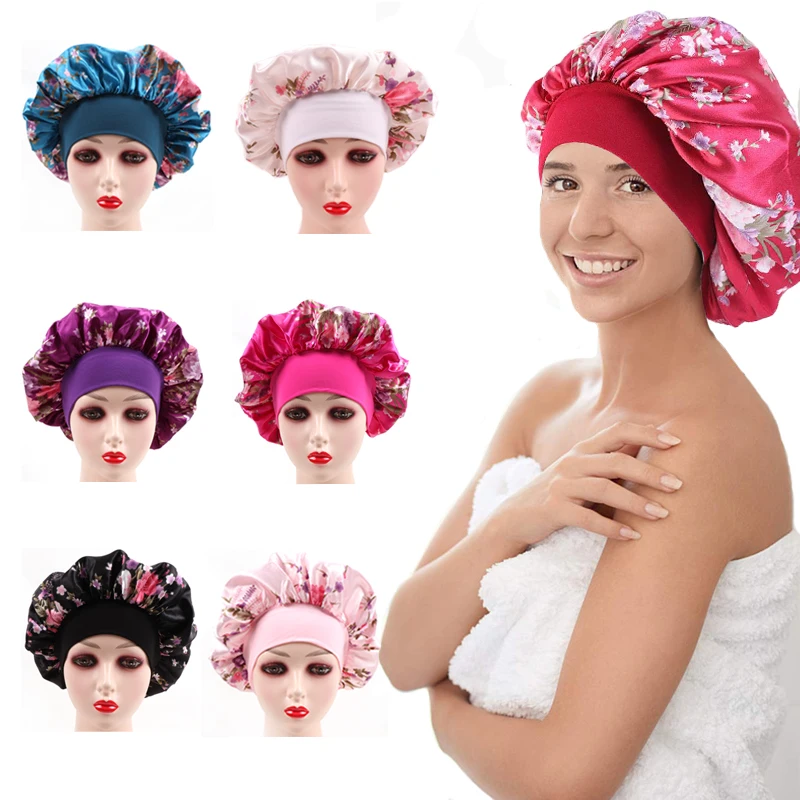 2Pcs Large Print Satin Bonnet with Stretchy Headwrap for Curly Hair Women Hair Cover Wrap Cap Silk Scarf Sleep Hat