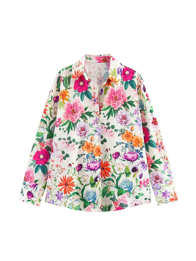 Women's Vintage Floral Print V-Neck Poplin Blouse