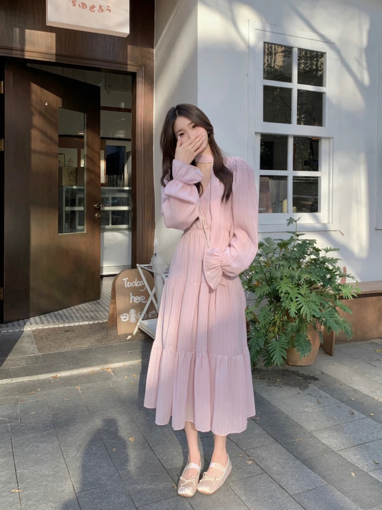 Elegant Autumn Midi Dresses for Women V-neck Flare Sleeves A-line Solid Korean Fashion Casual French Vintage Vestidos Mujer New