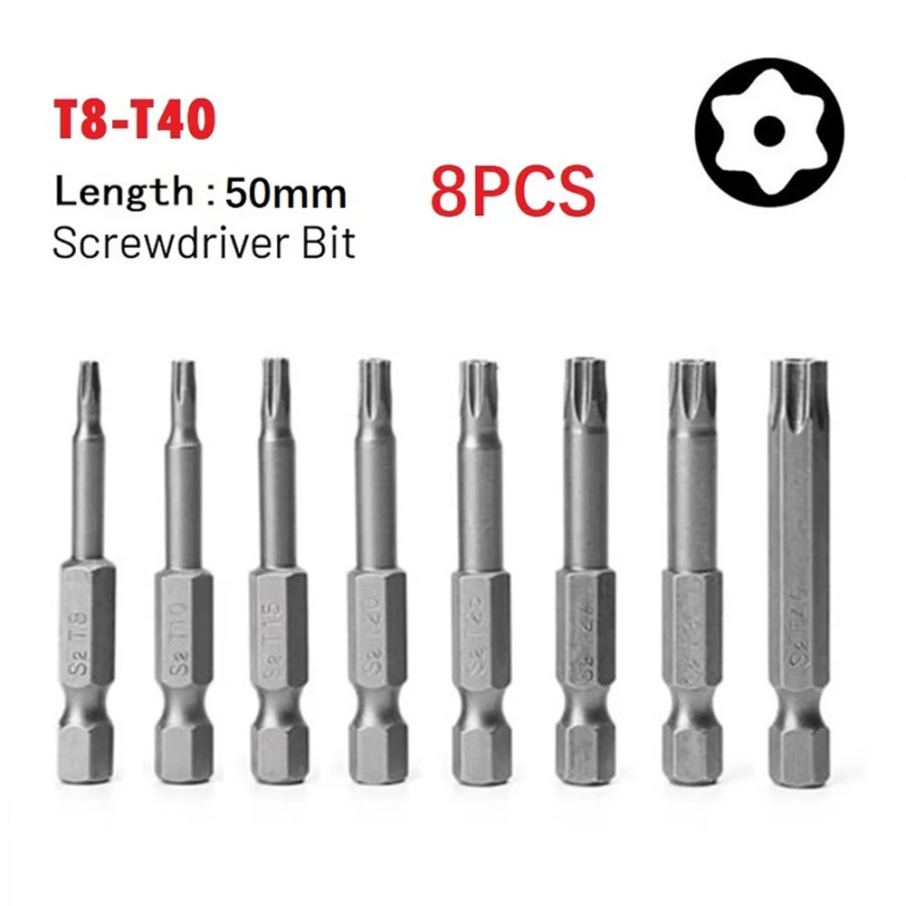 50mm Torx 스크루 드라이버 @ 비트/구멍 T8-T40 1/4 인치 육각/섕크 전기 스크루 드라이버 꽃 중공 비트 세트 손 도구