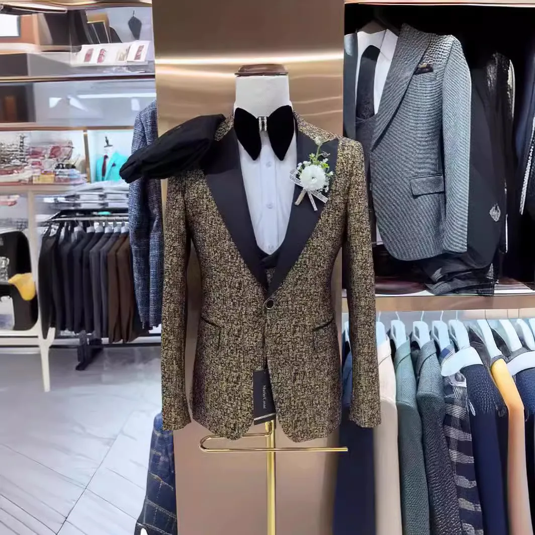 Men's 3 Pcs Set Groom Dress Coat Vest / 2023 Slim Fit Wedding Dress Business Casual Formal Suit Blazers Jacket Pants Waistcoat