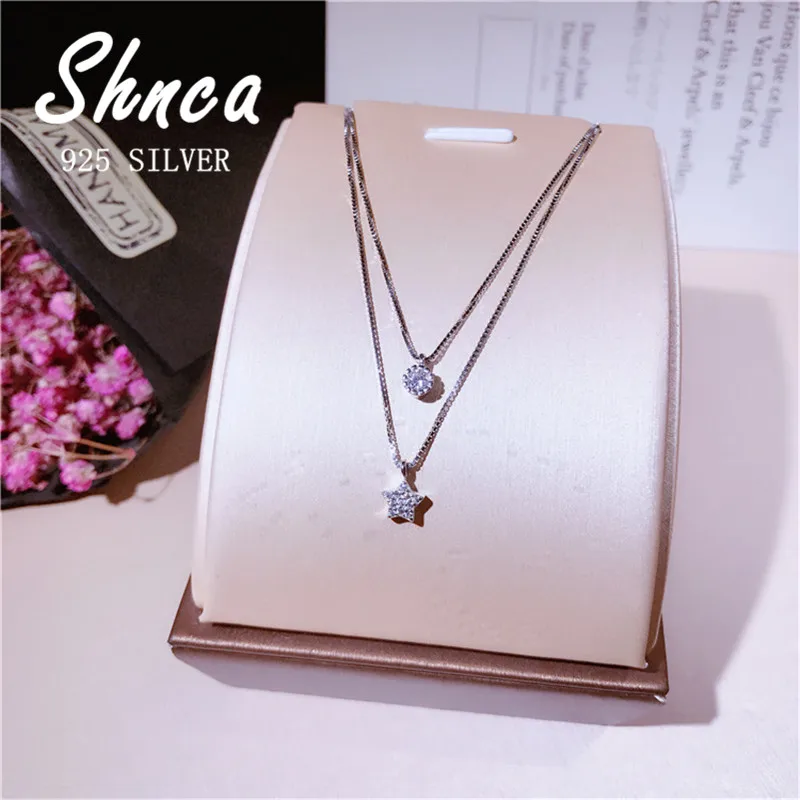 Handmade 925 Sterling Silver Creative Stars Round Cubic Zirconia Multilayer Pendant Necklaces For Women Girl JY069