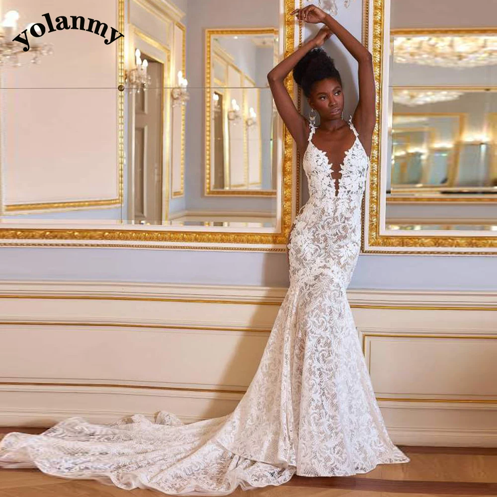 

YOLANMY Mermaid Lace Sexy Spaghetti Strap Appliques Illusion Wedding Dresses For Mariages Fairytale Sleeveless Made To Order