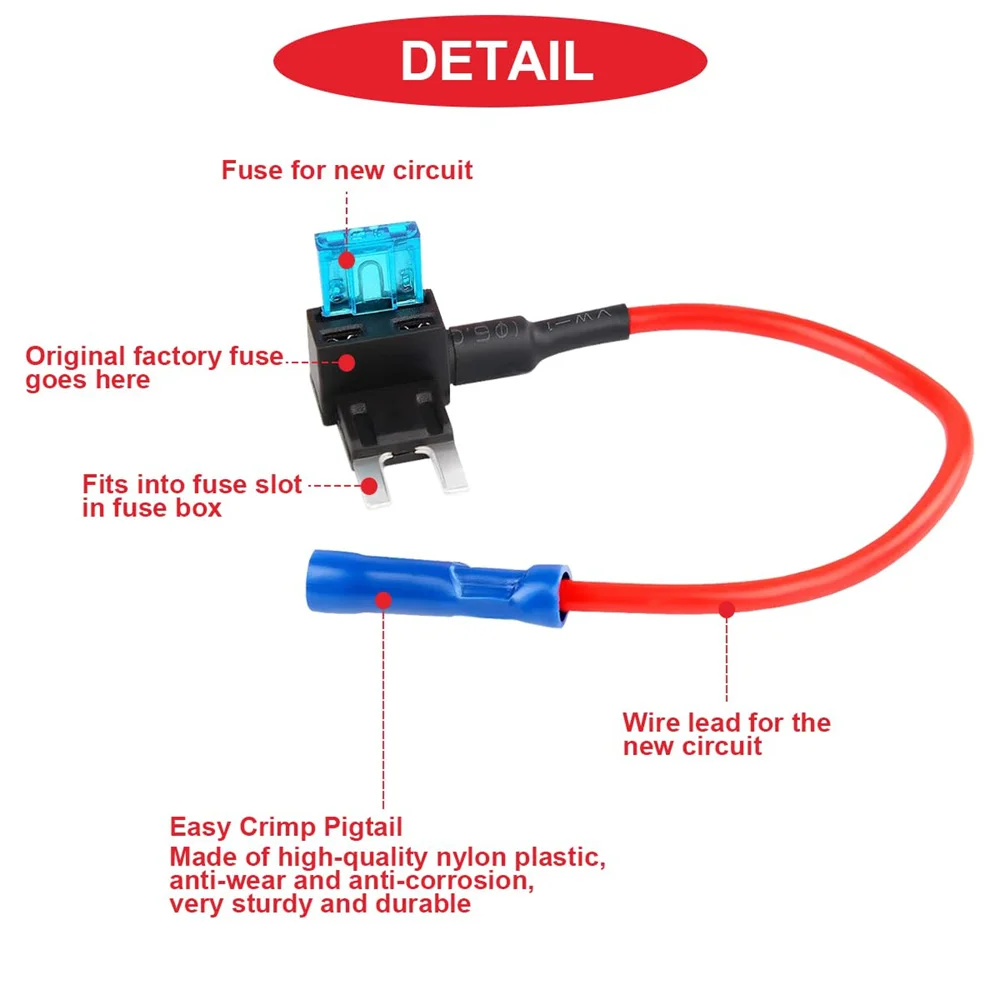 16-teiliges Mini-Sicherungsadapter-Set, 12V Add-a-Circuit-Adapter mit 15 Ampere APM ATM Flachsicherungen, Sicherungsentferner und Schrumpfschlauch-Verbinder – Detail 4