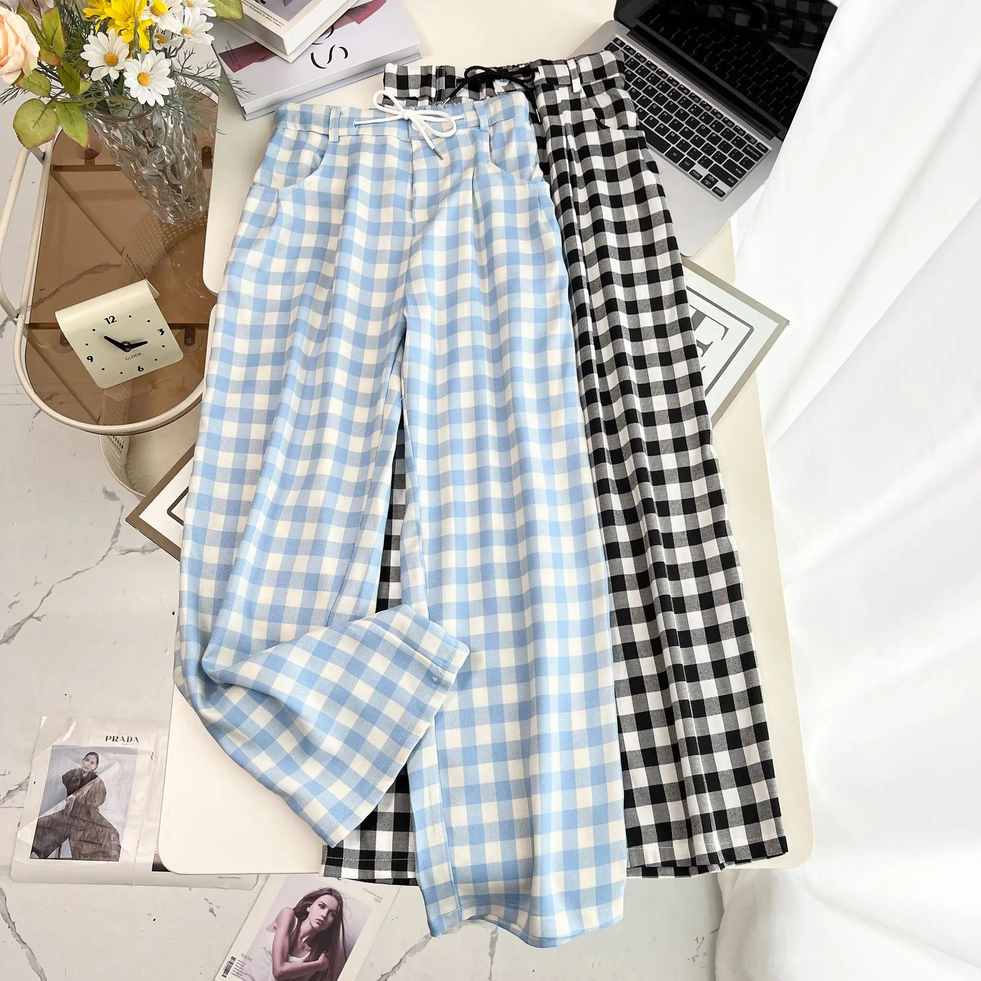 Fashion Plus Size Women's Wide Leg Pants Autumn New Versatile Drawstring Waist Plaid Full Length Suit Trousers 1707