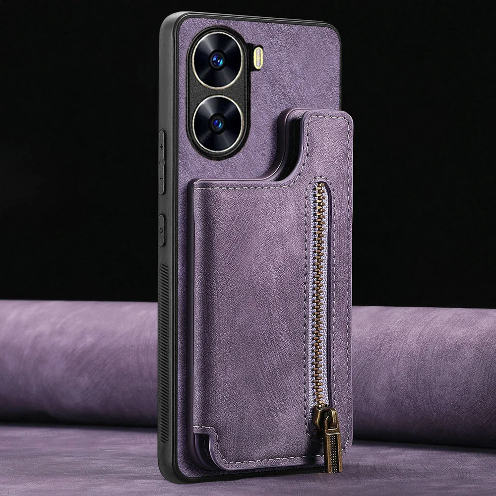 Zipper Leather Card Case with Magnetic Phone Holder and Back Cover