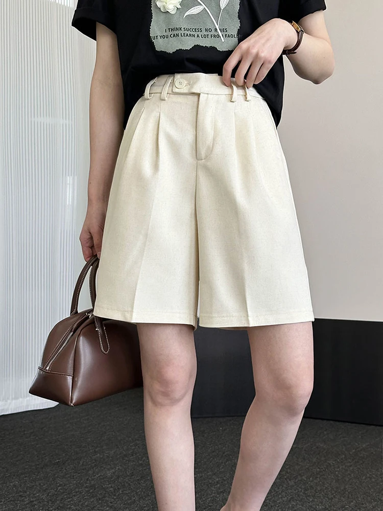 [LANMREM] High Waist Pleated Wide Leg Shorts For Women Solid Straight Loose Minimalism Female Clothing 2024 Summer New 26D9111