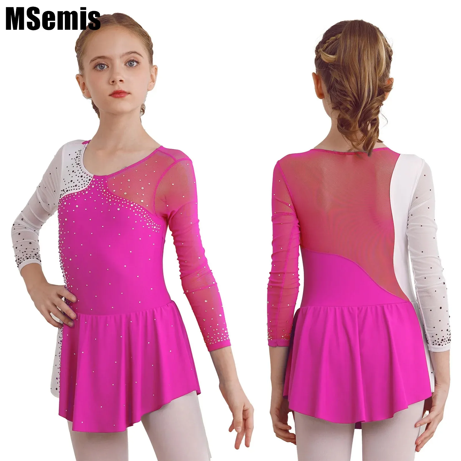 

Kids Girls Shiny Rhinestone Dance Dress Long Sleeve Round Neckline Patchwork Contrast Color Skating Stylish Clothing