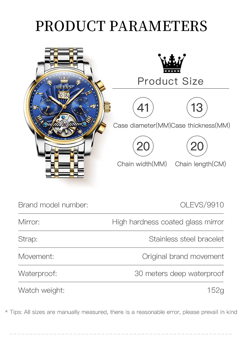 OLEVS 9910 Watch For Men Diamond Luxury Week Calendar Display Waterproof Man Watches Hollow Original Automatic Mechanical Watch