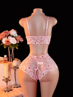 Ensemble de lingerie sexy pour femme, soutien-gorge ouvert en dentelle rose, culotte sans entrejambe, lingerie féminine, sling séduisant, sous-vêtements transparents fétichistes 3
