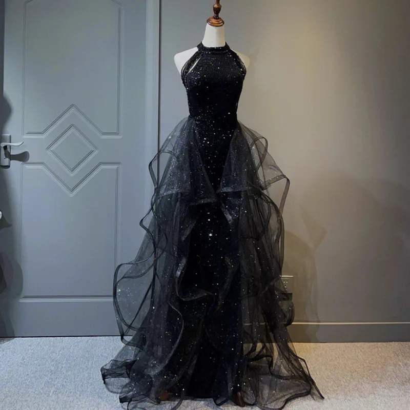 High-grade Sequin Halter Evening Dress Women New Beading Tassel Ruffles Slim Shiny Cocktail Dresses Luxury Design Banquet Gown