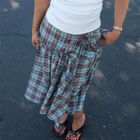 Gaono Women Low Rise Plaid Midi Skirt Lace Up Ruffle Hem A Line Skirt Vintage Tie Up Gingham Tiered Skirt Going Out Streetwear - Image 5