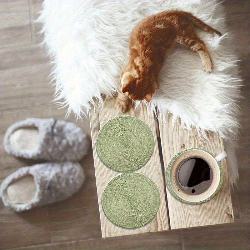 6pcs 4in Round Retro Green Growth Ring Refreshing Wooden Coasters Home Coffee Table Wooden Bar Mugs Glass Beer Cups Holiday Gift