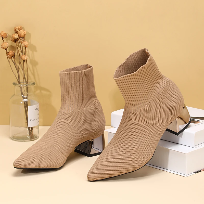 Kcenid Black Knitted Stretch Fabric Socks Boots Women Autumn Winter Shoes Metal Square Heels Pointed Toe Female Ankle Booties