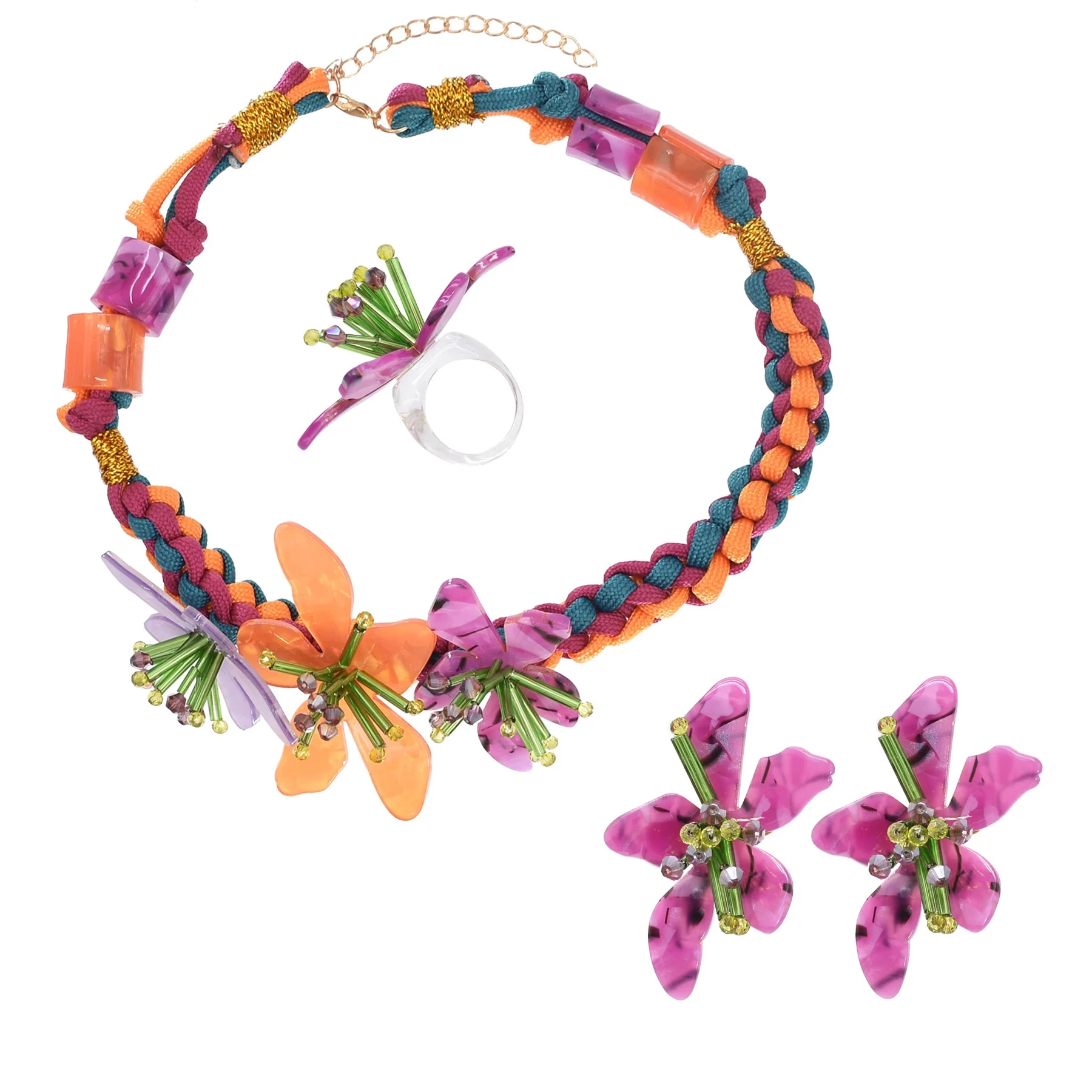 

Large Colorful Acrylic Flower Choker Necklace Ring Stud Earrings Crystal Beads Collares Boho Trendy Girl's Female Jewelry Sets