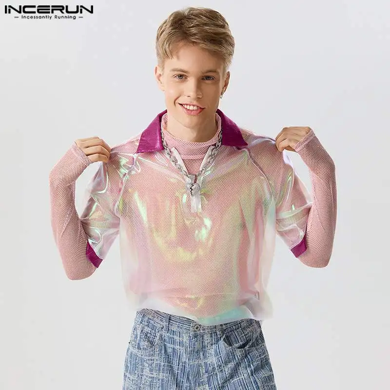 

Fashion Casual Style Tops INCERUN New Men's See-through Mesh Zipper Design Shirts Handsome Male Lapel Thimble Thin Blouse S-5XL