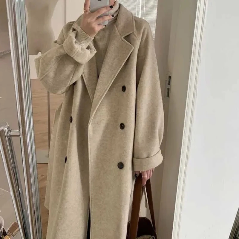 

MEXZT Vintage Long Wool Blends Coat Women Korean Oversized Thicken Jackets Winter Cardigan Woolen Overcoat Elegant Solid Outwear