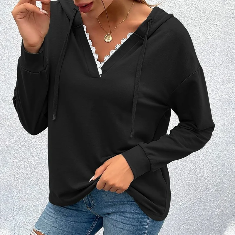 Women's Pullover Lace Patchwork V Neck Tops Casual Long Sleeve Pocket Sweatshirts New Fashion Solid Color Hoodies Fashion Jumper