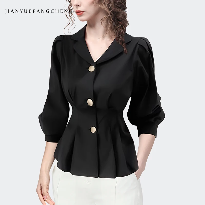 

Satin Womens Top Vintage England Style Lantern Sleeve Black Button-down Shirt Spring Summer New Ladies Work Wear Office Blouses