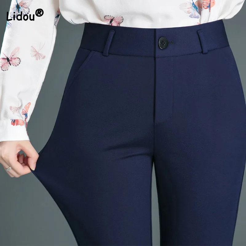 Spring Autumn Casual Button Elastic Mid Waist Black&Navy Blue Straight Trousers Office Lady Quick Drying Suit Pants Female
