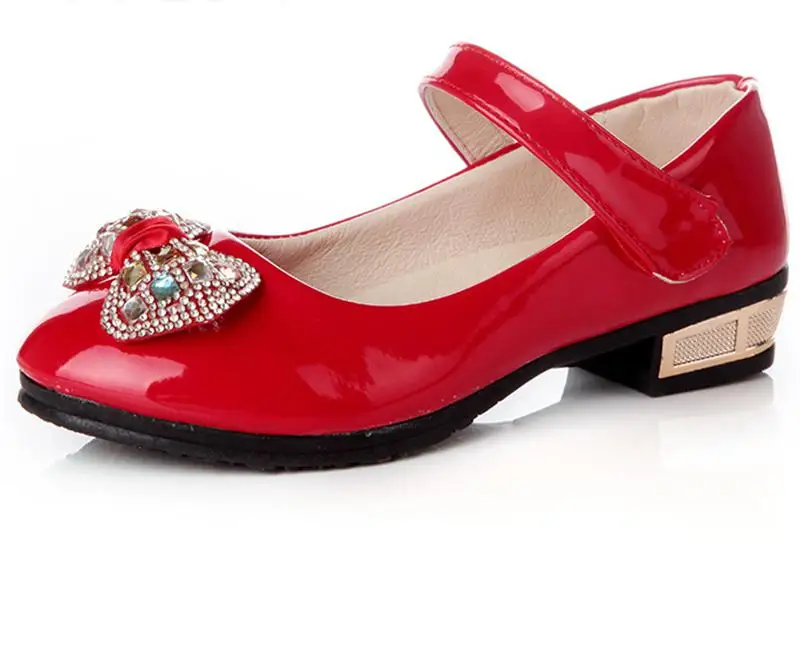 

Girls Patent Leather Shoes Autumn New Fashion Princess Big Girl Heeled Shoes Rhinestone Bowtie Black Pink Red Wedding Flats