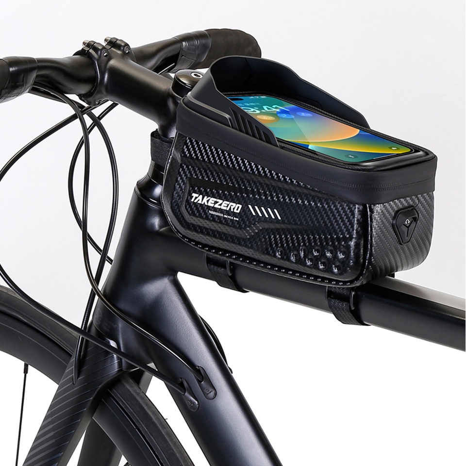 Rainproof Bike Bag Carbon Fiber PU Bicycle Front Cell Phone holder with 6.8 Inch Touchscreen Top Tube Cycling MTB Accessories