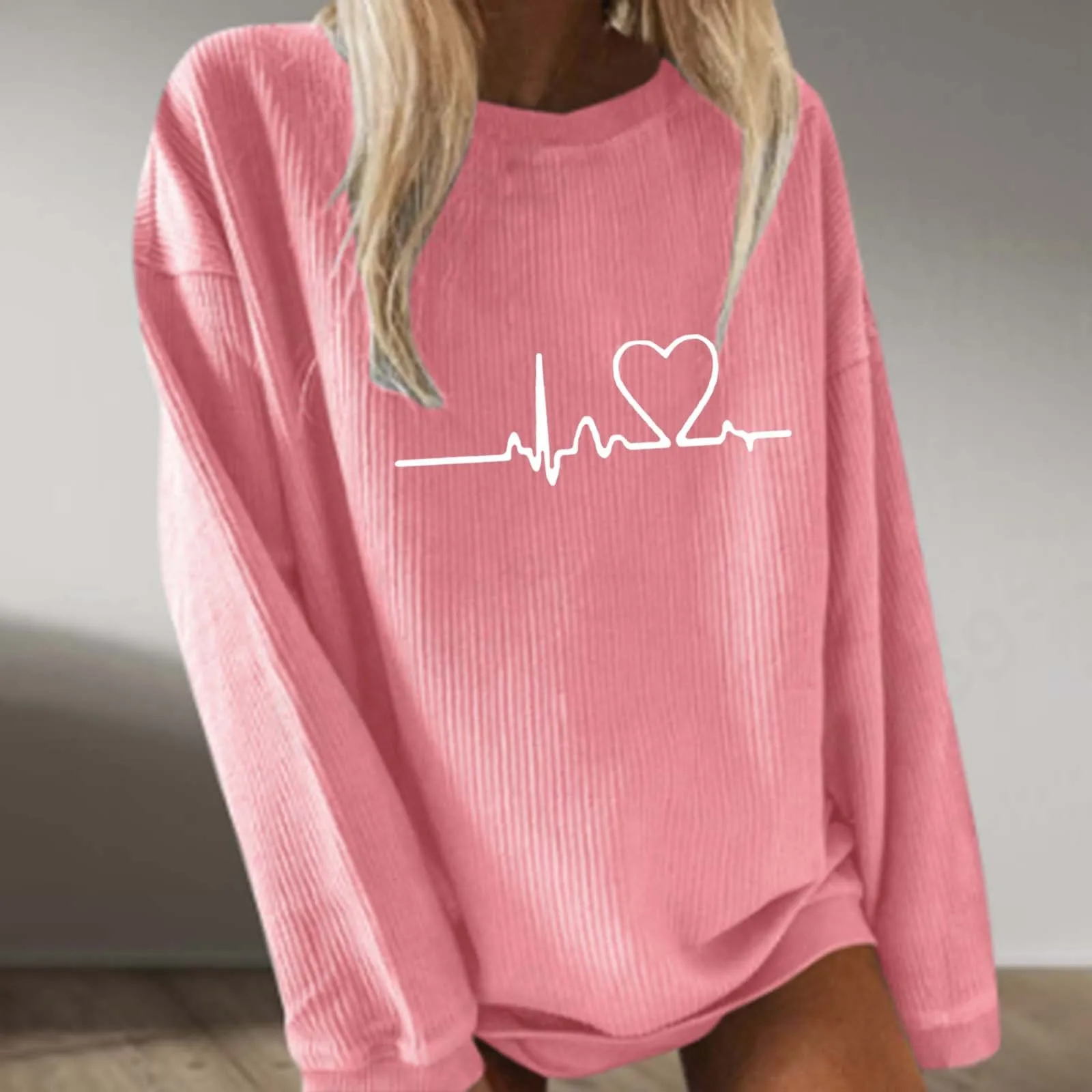

Hoodless Sweatshirt Women'S Graphic Pullover Sweater Winter Autumn White Heart Print Round Neck Long Sleeve Top Sweatshirt