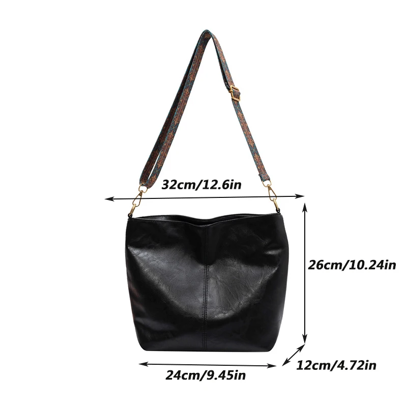 Vintage Solid Color PU Leather Women Fashion Shoulder Sling Bag Simple Wide Strap Bucket Crossbody Bag shoulder bag