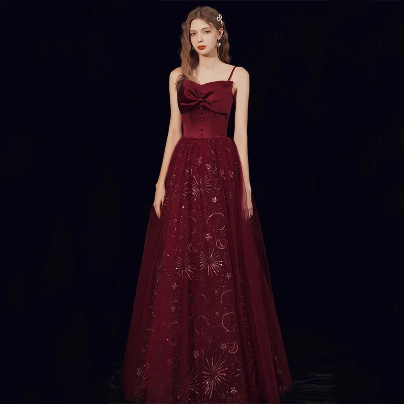 

Vintage Wine Red Evening Dress Fashion Spaghetti Strap Elegant Long Vestido Longo Festa New Shiny Robe De Soiree With Bow