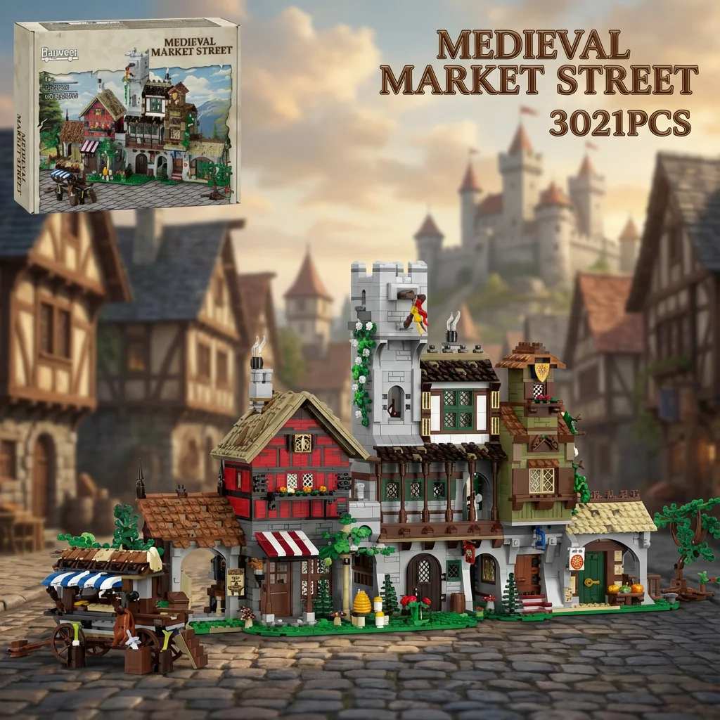 3021-teiliges Mittelalterliches Marktplatz-Baukasten-Set, Retro-Architektur-Straßenansicht, Modulare Bausteine, DIY Kreatives Spielzeug, Geschenk für Erwachsene