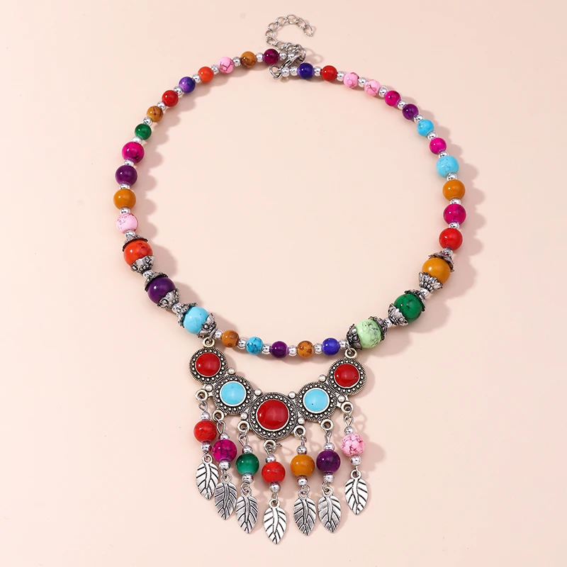 Women Ethnic Wooden Alloy Flower Tassel Pandent Necklace