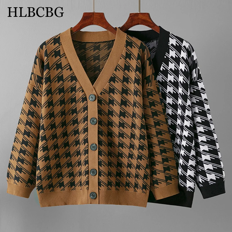 

Осенний жаккардовый вязаный кардиган HLBCBG, свитер, женское винтажное корейское шикарное пальто с длинным рукавом, модная уличная одежда, свободные женские топы