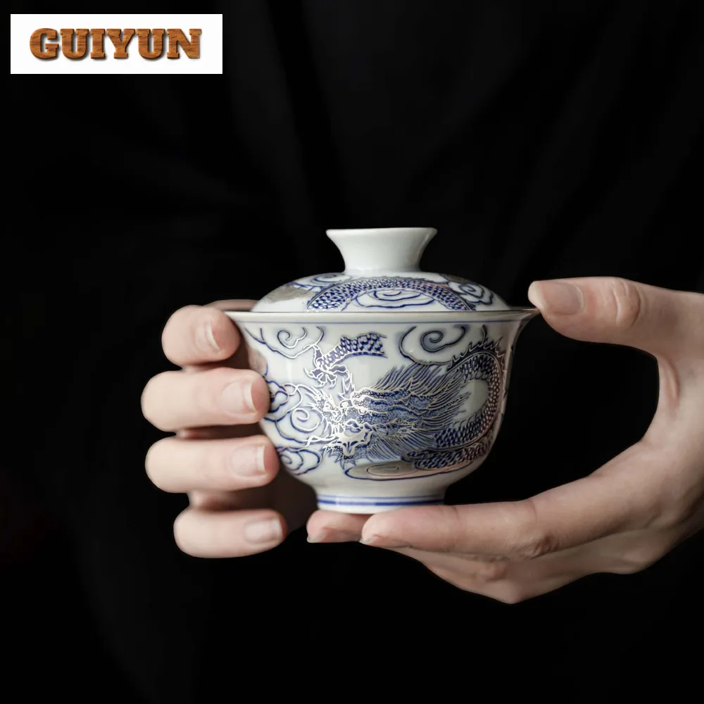150ml Chinese Zen Dragon Gaiwan Handmade Gilded Silver Tea Bowl Tea Tureen Household Brewing Cover Bowl Cha Items Gift