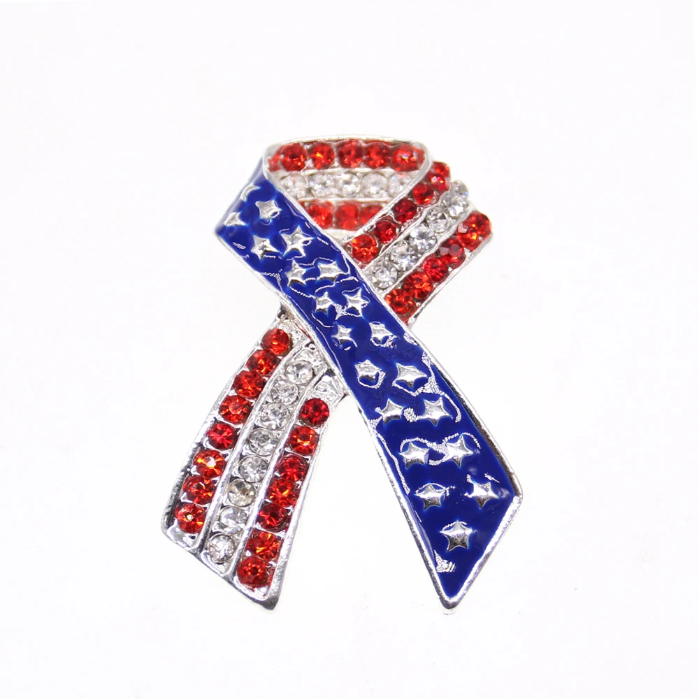 

20 Pcs/Lot Patriotic USA American Flag Red White Blue Crystals Ribbon Pin Brooch