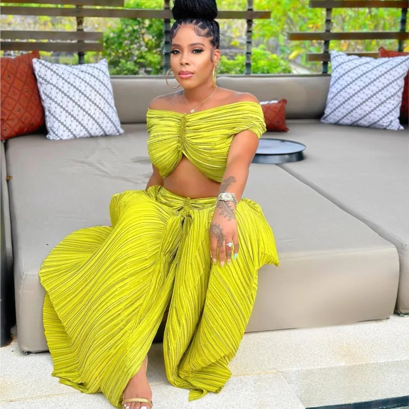 2 Piece Skirt Sets Summer Sexy Solid Top Pleated Maxi Skirt Sets Elegant Party Sheath Matching Fashion Outfit 2023 New Arrival