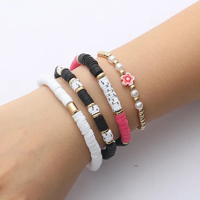 4 Pcs/Set Bohemian Beads Letter Charm Bracelet Set Fashion Personality  Handmade Flower Soft Pottery Bracelet For Women Gift