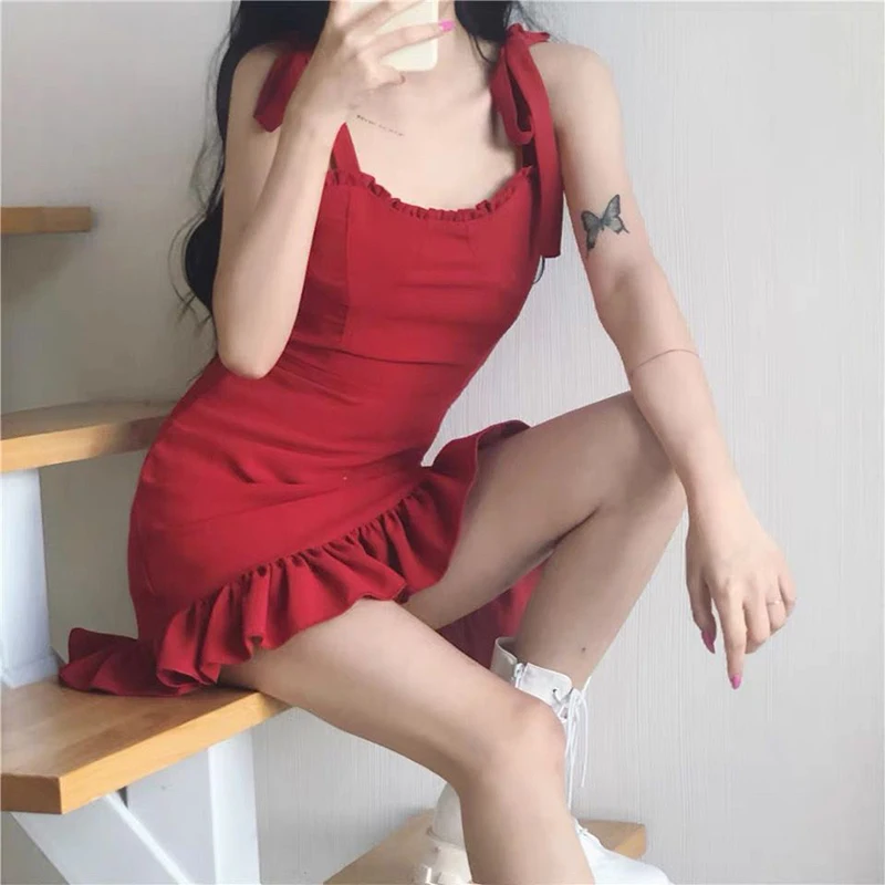 

Summer Dress Fashion Solid Color Lace Up Silp Dress Female Sexy Sleeveless Ruffles Mini Robe Women Backless Vestidos De Fiesta